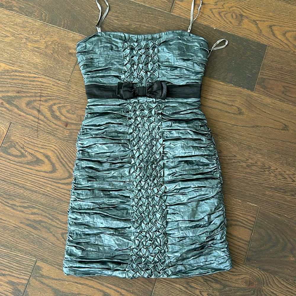 BCBG MAX AZRIA dress ruched tube strapless slate blue black bow